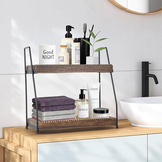 Gurfuy Bathroom Vanity Organizer 2-Tier Wood Countertop Storage Counter Shelf for Makeup Skincare Perfume Jewelry Tray Spice Rack Brown