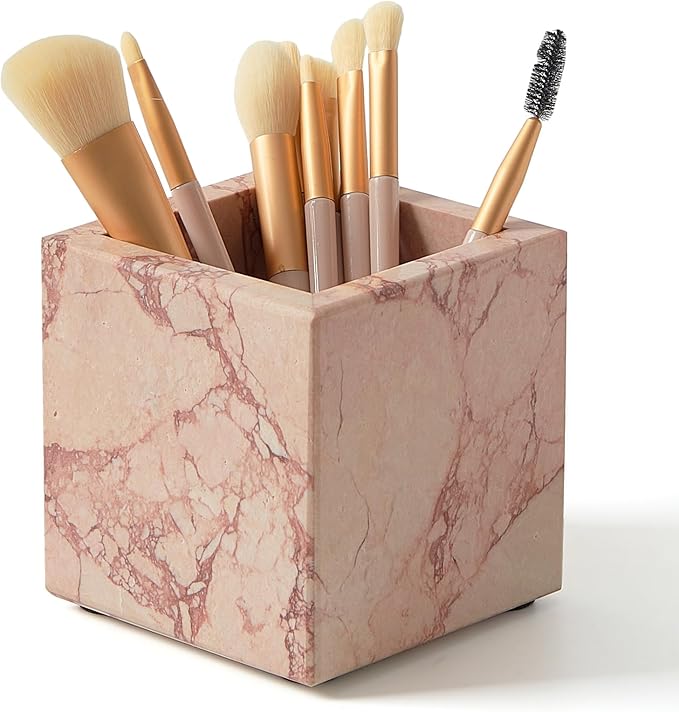 Real Luxurious Natural Marble Toothbrush Holder & Makeup Brush Organizer & Pen Holder for Desk,3.93inch Square Marble Utensil Holder Non-Ceramic/Non-Resin （Pink）