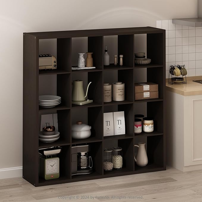Furinno Simple Cube Storage Organizer, 16-Cube Display Shelf, Open Back Shelving Unit, Storage Shelves, Extra Thick Frame, for Organization and Storage, Living Room, Home Office, Black Dark Oak