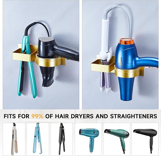 Hair Dryer Holder Wall Mounted, Hair Straightener Holder, Blow Dryer Holder Adhesive, Hair Tool Organizer for Flat Iron, Hairdryer, Curling Iron Holder for Bathroom Vanity Barber Shop (Gold)