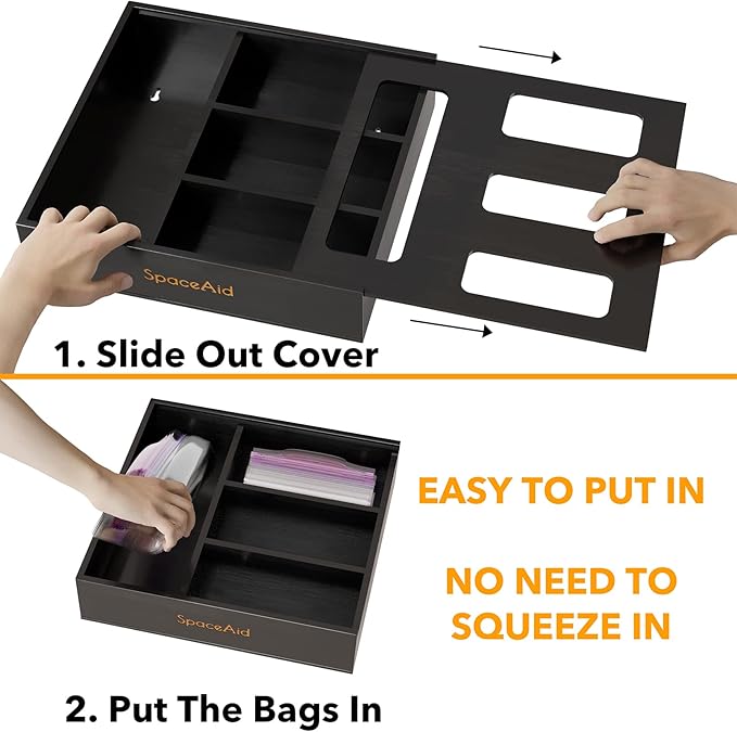 SpaceAid Bag Storage Organizer for Kitchen Drawer, Bamboo Organizer, Compatible with Gallon, Quart, Sandwich and Snack Variety Size Bag (1 Box 4 Slots), Black