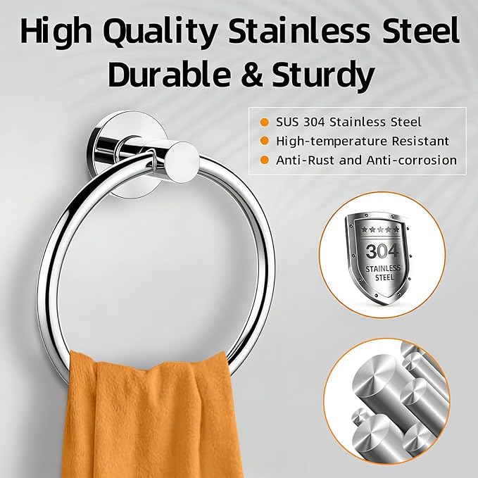 Towel Ring 2Pack, SUS304 Stainless Steel Hand Towel Holder for Bathroom Kitchen, Modern Style Towel Hanger, Thicken Ring Towel Holder, Towel Rack Round Wall Mounted (2, Bright Silver)