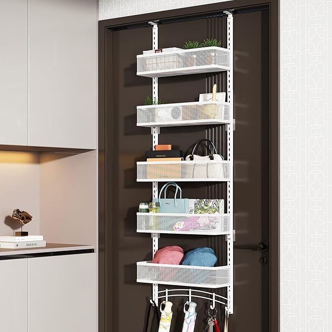 Space-Saving Over The Door Organizer with 5 Adjustable Baskets & 5 Hooks, Metal Wall Mount Storage Rack, Behind The Door Storage for Bathroom, Kitchen, Pantry, Laundry Room (White)