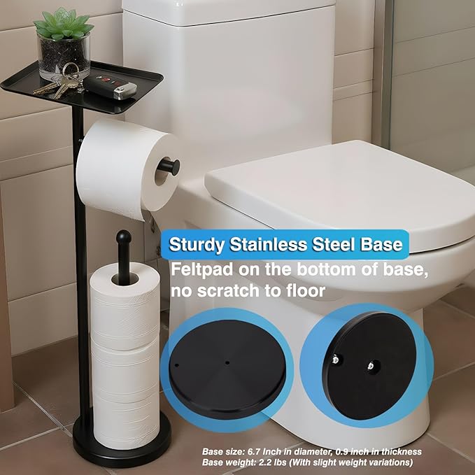 Toilet Paper Holder with Shelf, Freestanding Toilet Paper Stand with Storage Space for Holding Extra 4 Toilet Paper Rolls (Stainless Steel Base, Black)
