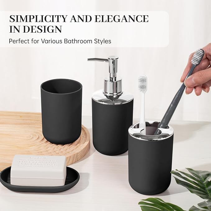 Bathroom Accessory Set, 4 Pcs Plastic Bathroom Set Include Soap Dispenser, Soap Dish, Toothbrush Holder, Mousewash Cup, Modern Bahtroom Décor Set, Space Save for Bathroom(Black)