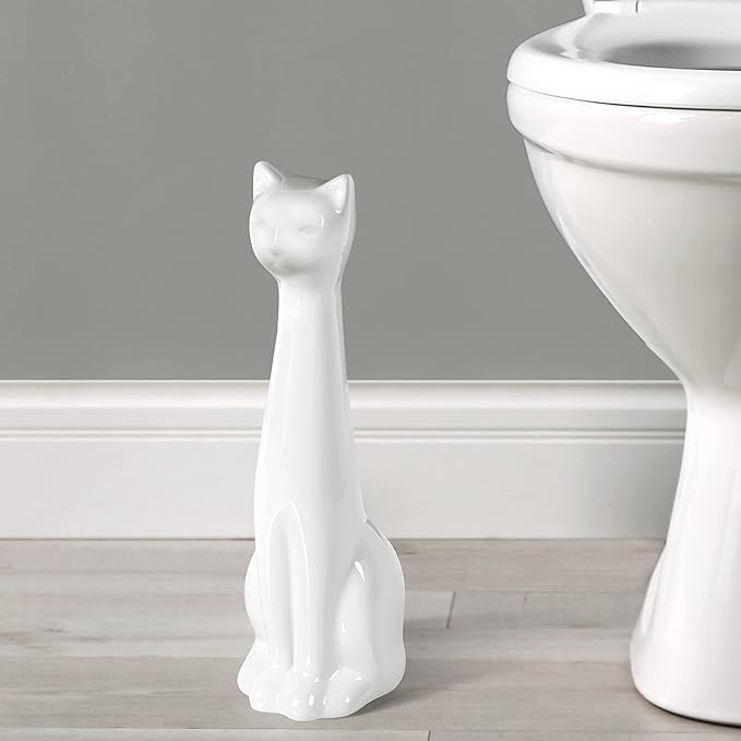 Allure Home Creation White Cat 2-Piece Toilet Brush Holder and Brush Set
