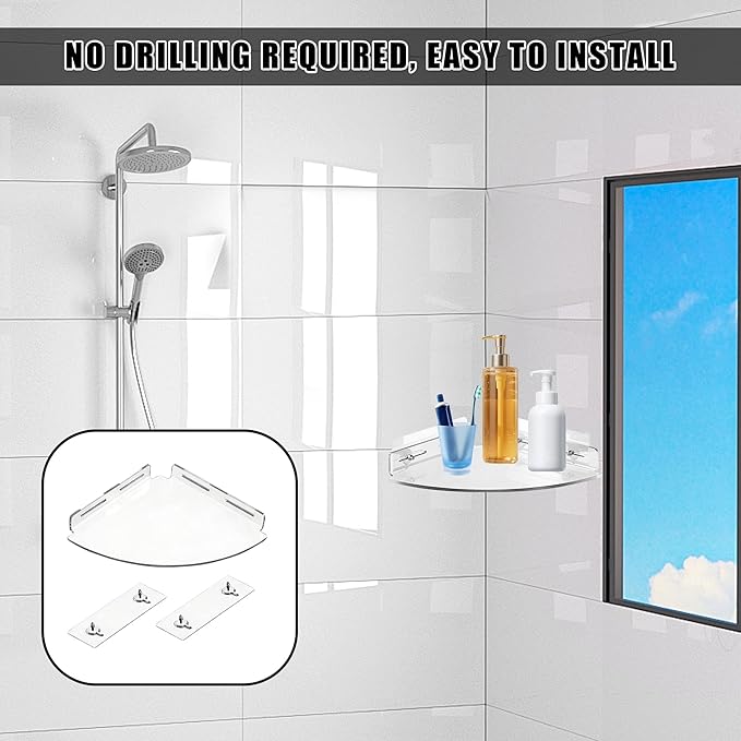 2 Pcs Acrylic Shower Caddy Corner Shelves for Bathroom Wall Mounted Floating Shower Organizer Corner Shelf No Drilling Storage Organizer Wall Shelf for Bathroom, Home Decor, Kitchen, Bedroom, Toilet