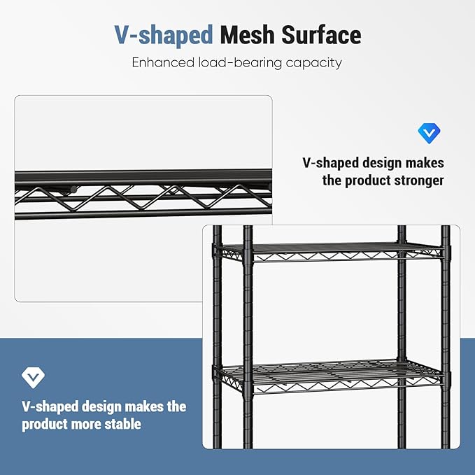DUMOS Industrial 5 Level Grid Storage Rack ，Mobile Metallic Shelving System with Lockable Wheels， Multi-Purpose Cabinet for Workshop, Culinary Space, Storeroom, Washroom & Restroom Black