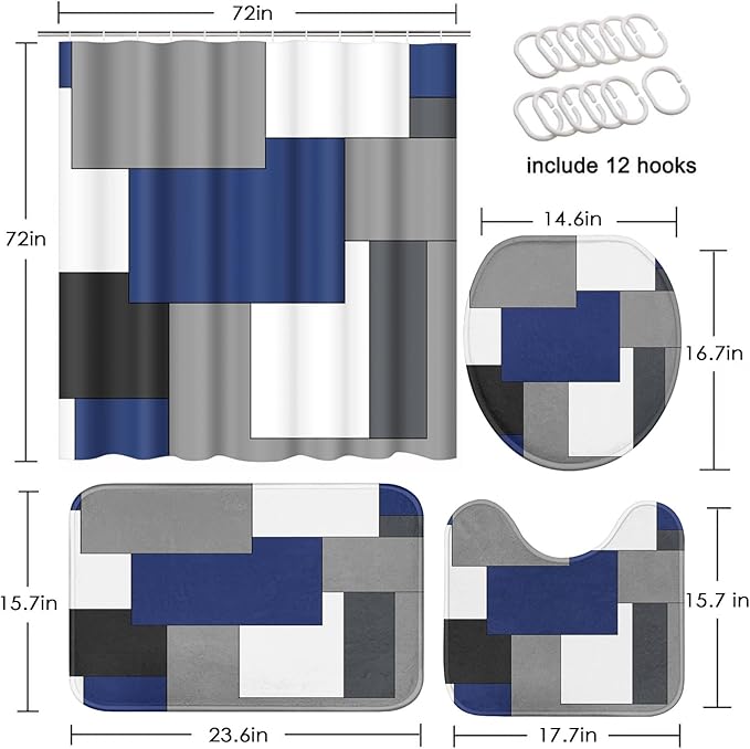 Navy Blue Geometric Shower Curtain Set with Toilet Lid Cover and Non-Slip Rugs for Bathroom, Black White Grey Checkered 4 Pcs Shower Curtain, Modern Abstract Bathroom Set with 12 Hooks