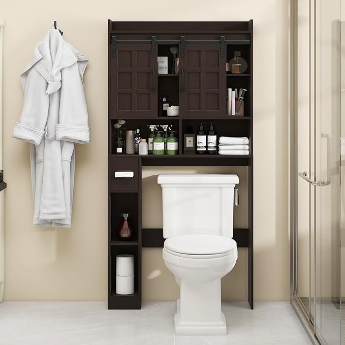 Halitaa Over The Toilet Storage Cabinet, Farmhouse Storage Cabinet Over Toilet with Sliding Doors，Home Space-Saving Toilet Rack, for Bathroom, Restroom, Laundry. Espresso