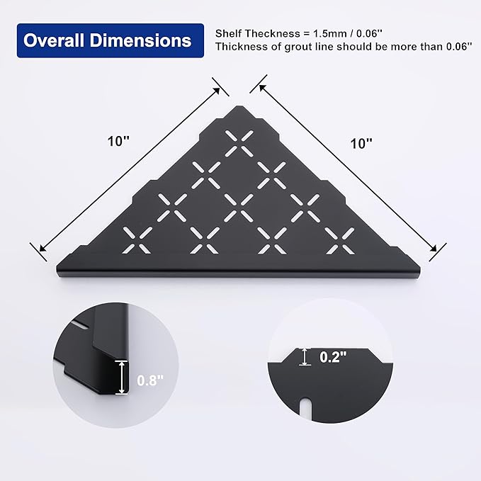 10" Corner Shower Shelf, 1-Pack Shower Shelves SUS304 Stainless Steel Bathroom Shelves for Tile Walls, Recessed Corner Shelf Organizer Rack, No Drilling (Matte Black)