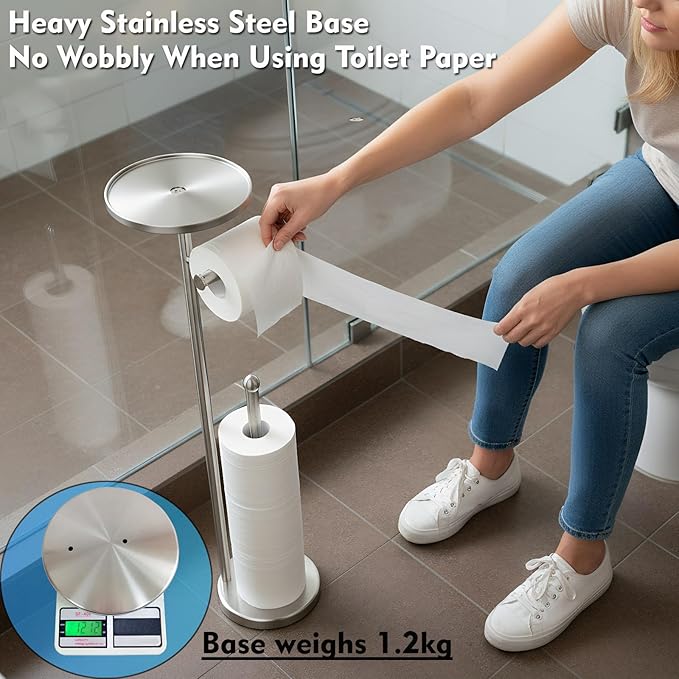 Toilet Paper Holder with Shelf, Tissue Roll Holder Stand with Storage Space for Holding Extra 4 Toilet Paper Rolls, Stainless Steel Rustproof Freestanding (Brushed Nickel)