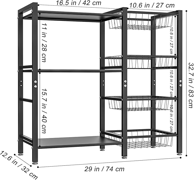 Hastatii Storage Rack Kitchen Baker's Rack - 3 Tiers 4 Baskets, Utility Coffee Bar, Air Fryer Stand with Steel Mesh Baskets