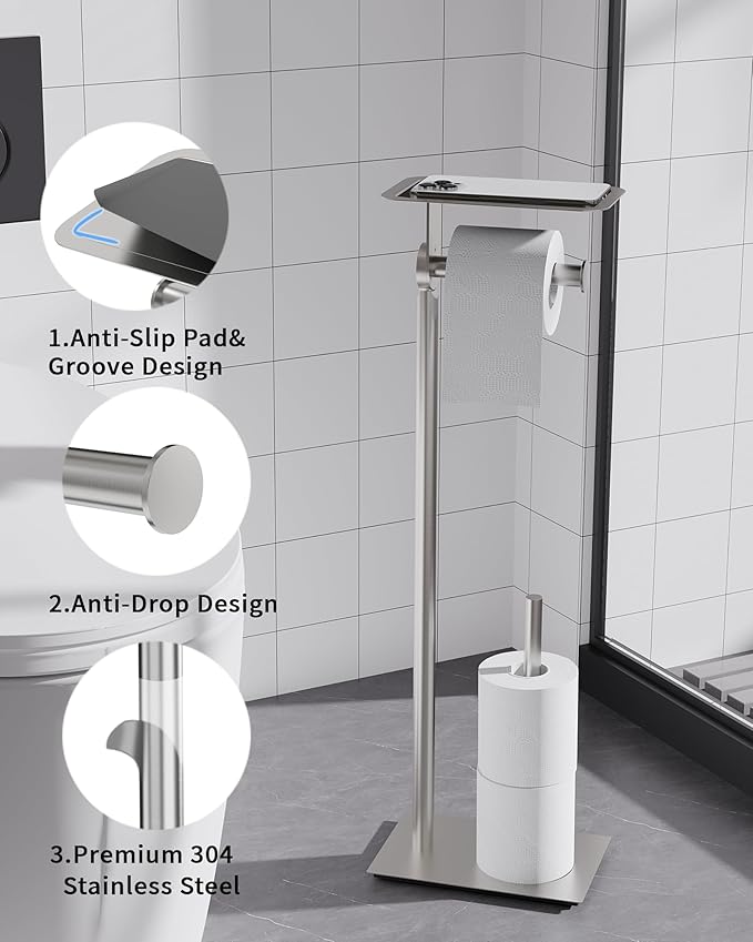 Toilet Paper Holder Stand, Free Standing Toilet Paper Holder with Shelf for Bathroom, Stainless Steel Brushed Nickel Toilet Paper Roll Holder with Storage, Reserve for 3 Rolls, Weighted Base