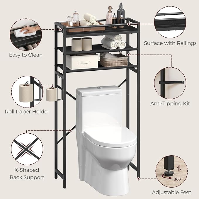 MAHANCRIS Over The Toilet Storage, 3-Tier Over Toilet Bathroom Organizer with Paper Holder, Freestanding Bathroom Shelves Above Toilet for Balcony Laundry Room, Space Saving, Black TSBK1201