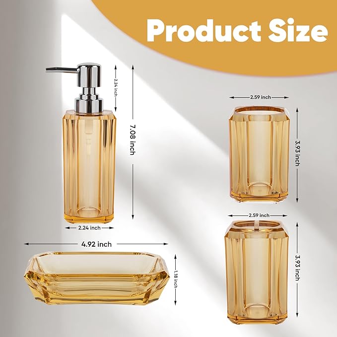 4-Piece Champagne Gold Bathroom Accessories Set with Soap Dispenser, Soap Dish, Tumbler & Toothbrush Holder, Glossy Acrylic with Champagne Accent, Vanity Bathroom Decor