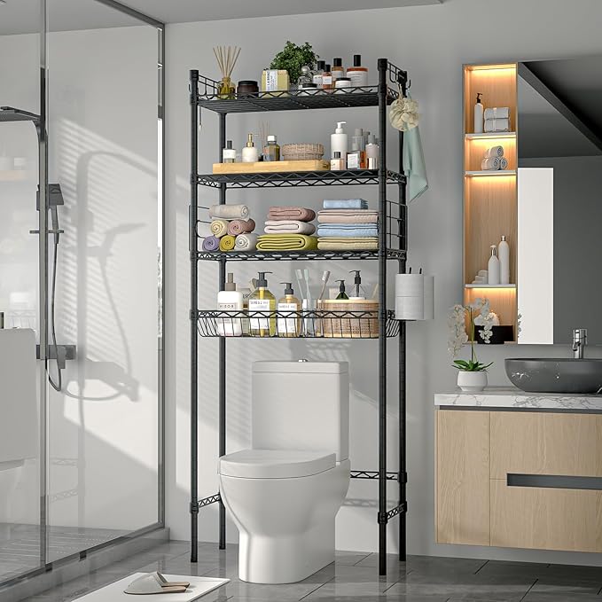 PrimeZone Over The Toilet Storage Rack - 4 Tier Adjustable Bathroom Shelf Organizer, Metal Space Saver Over Toilet with 2 Hooks, Freestanding Above Toilet Storage Shelves for Bathroom Laundry, Black