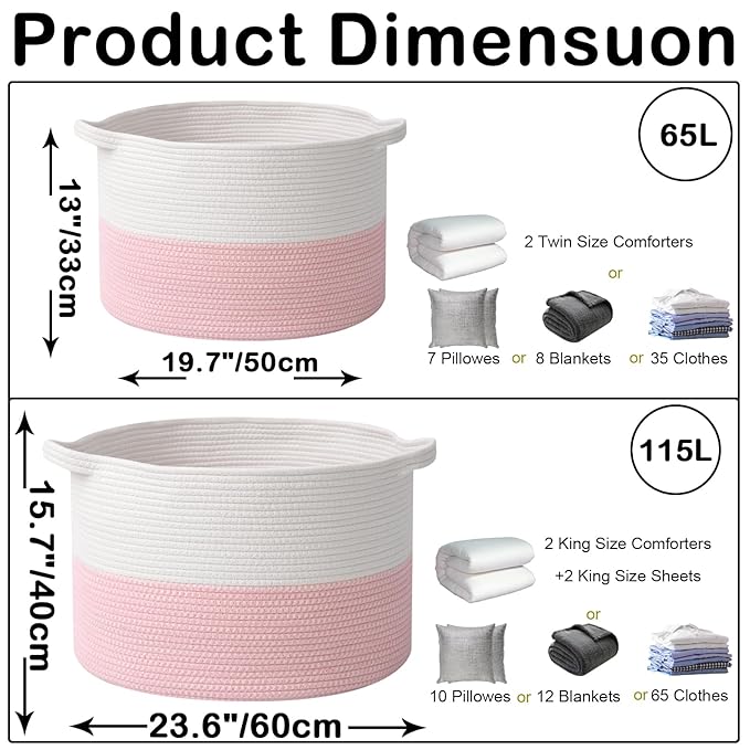115L Extra Large Pink Woven Cotton Rope Basket with Handles, Kids Nursery Laundry Hamper for Toys, Blankets, Pillows & Comforters, Cute Storage Bin for Bedroom & Playroom