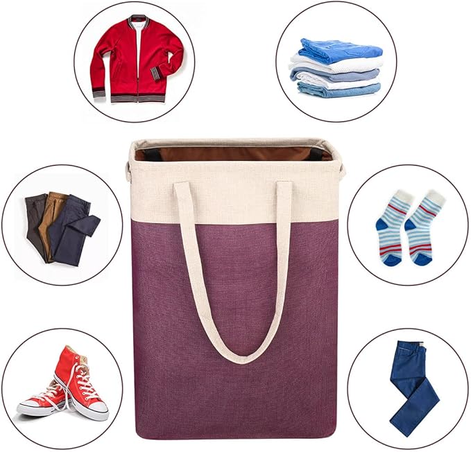 Laundry Basket with Handles Beige&Burgundy Slim Laundry Bin Collapsible Dirty Clothes Basket Narrow Laundry Bag Foldable Dirty Hamper for Camping, Dorms, Apartments