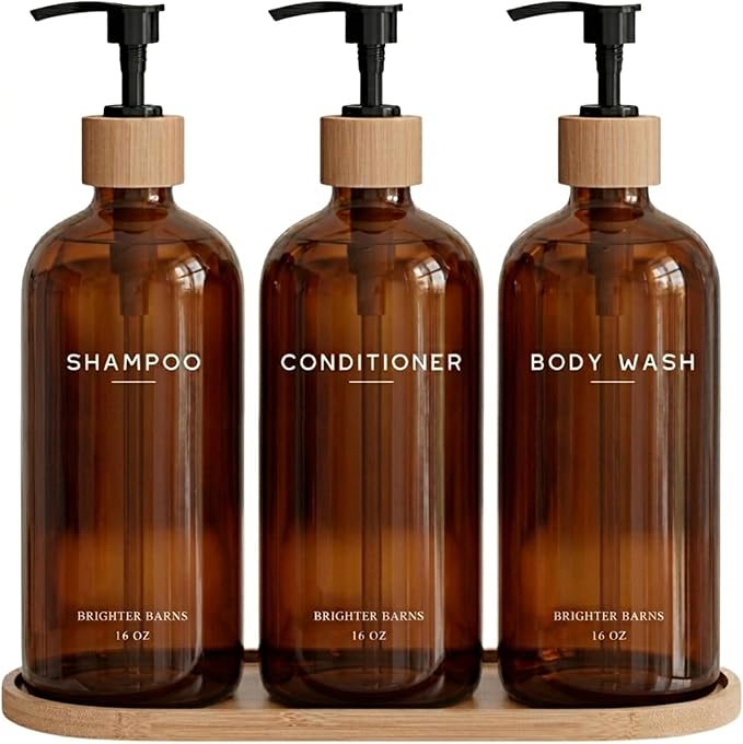 Amber Shampoo and Conditioner Dispenser Set by Brighter Barns - Refillable Plastic Shower Dispenser for Bathroom - Body Wash and Shampoo Bottles with Tray - Boho Decor for Airbnb, Hotel, Gift (Amber)