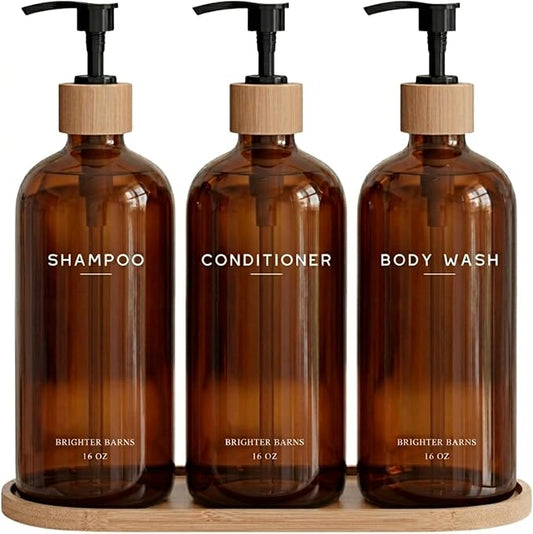 Amber Shampoo and Conditioner Dispenser Set by Brighter Barns - Refillable Plastic Shower Dispenser for Bathroom - Body Wash and Shampoo Bottles with Tray - Boho Decor for Airbnb, Hotel, Gift (Amber)