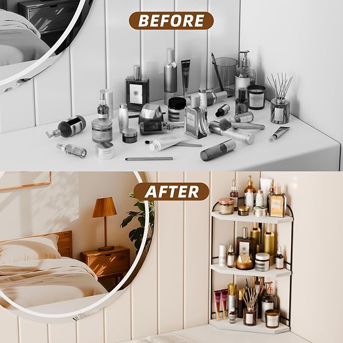 Corner Bathroom Counter Organizer, 3-Tier Wood Countertop Organizer for Perfume, Makeup Storage, Skincare Organizers for Vanity, Counter Corner Shelf for Kitchen, Bathroom, Dresser (White)