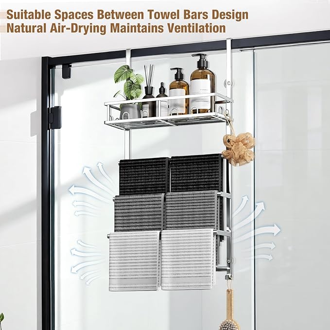 Aetyord Towel Racks for Bathroom Over The Door Towel Rack Towel Storage with Metal Shelf Basket and Hooks Silver