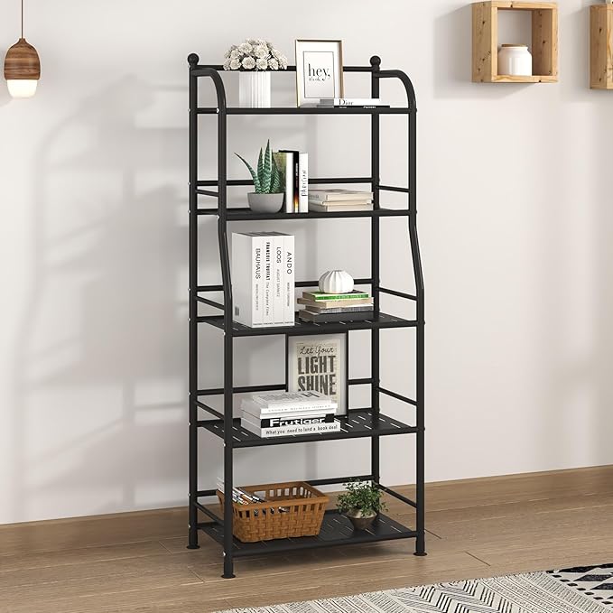 5 Tier Metal Shelf Storage Shelves Living Room Bookshelf Bathroom Corner Storage Rack for Kitchen,Indoor Plant Stand (Matte Black, 5 Tier)