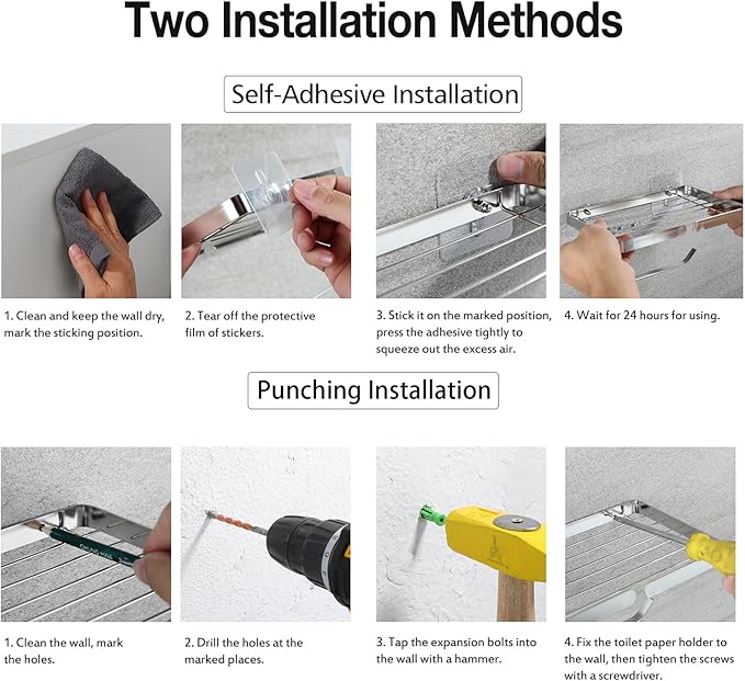 Toilet Paper Holder with Wipes Holder, Self Adhesive Toilet Rolls Holder Without Drilling, Rustproof Stainless Steel