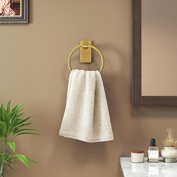 STWWO Gold Towel Ring for Bathroom, Adhesive Hand Towel Holder for Bathroom, Kitchen, No Drill
