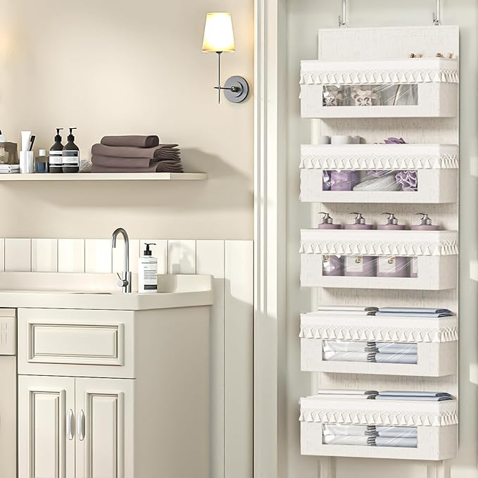 Aokeyee 5 Tier Over The Door Organizer Storage Nursery, Boho Door Organizer Hanging with Tassels and Clear Window, 65lb Behind The Door Storage for Baby Nursery, Bedroom, Bathroom