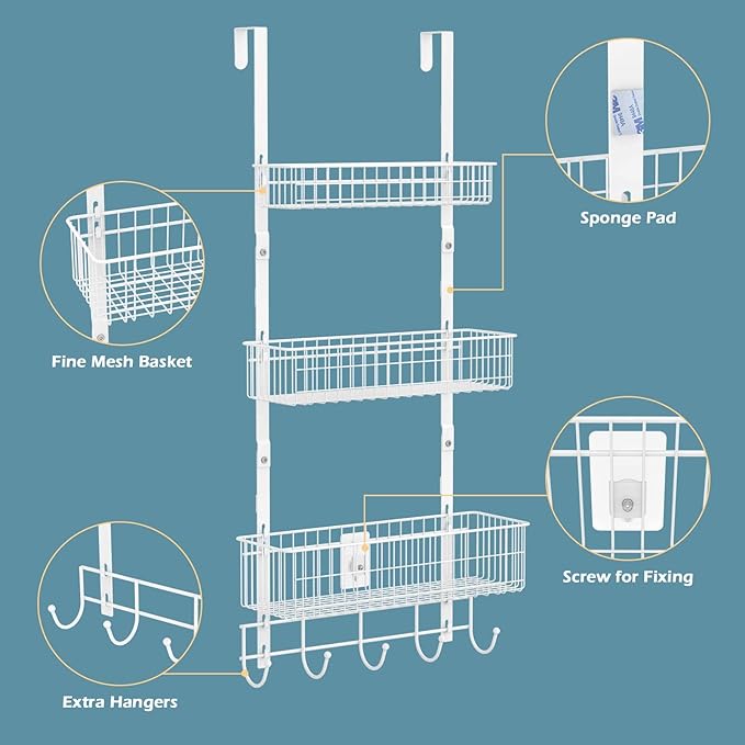 OYEAL Over The Door Basket Organizer 3 Tier Hanging Kitchen Storage Rack Heavy Duty Pantry Organizer with 3 Basket and 5 Hooks Door Back Metal Wire Basket for Kitchen, Bathroom, Office, White