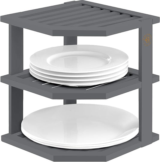 Bambüsi Plate Organizer for Cabinet - Grey Corner Cabinet Organizer and Kitchen Cabinet Organizer Shelf, Kitchen Countertop Organizer for Plates, Dishes and Bowls, Space Saving Corner Rack, (Gray)