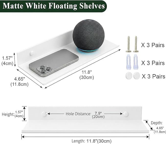 Z metnal Small Wall Shelves, Mini Display Metal Lack Floating Shelf for Collectables Figure, Aluminum, Wall Mounted, Sleek, White,12 x 5 inch, 2 Pack