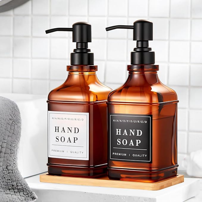 Dish and Hand Soap Dispenser for Kitchen, Amber Glass Soap Dispenser with Pump,Tray,Funnel, Set of 2 Countertop Soap and Lotion Dispenser for Bathroom,Shower,500ml/16.9oz,