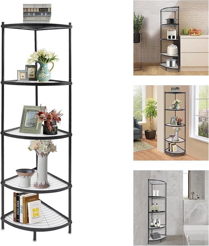 5 Tier Corner Shelf Stand, 52" Kitchen Shelf Organizer with Metal Frame, Multipurpose Space Saving Storage Rack for Living Room, Office, Kitchen