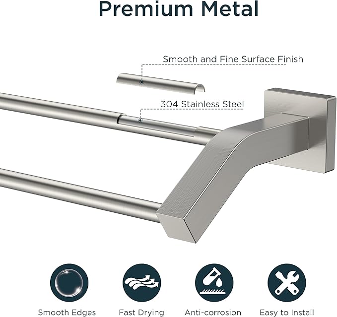 FORIOUS Double Towel Bar, 30 Inch Dual Towel Racks for Bathroom Wall Mounted, Thicken SUS304 Stainless Steel Bath Square Towel Rod Towel Holder Rail, Brushed Nickel
