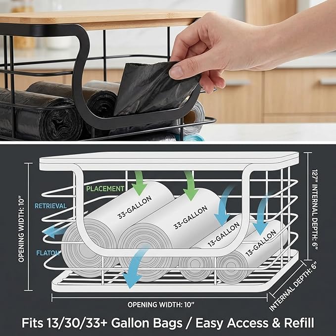 REFGY 2-Pack Stackable Trash Bag Holder with Natural Fiber Top, 10-Inch Wide Opening Garbage Bag Dispenser for 13 to 33 Gallon Rolls, 11" x 7.1" x 5.9" Under Sink Organizer for Kitchen & Laundry