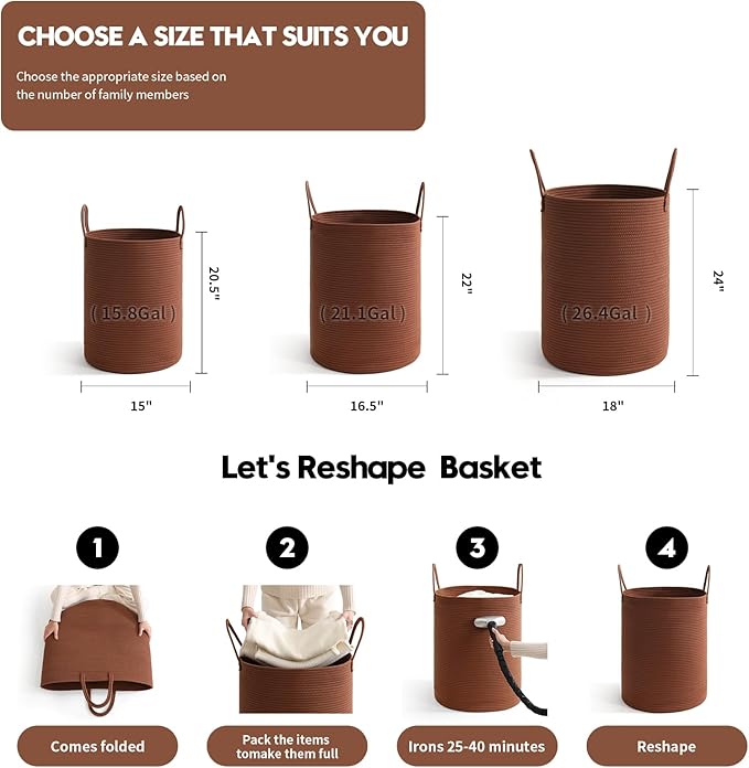 Laundry Basket Hamper Tall Rope Storage Woven for Blanket toys Dirty Clothes in Living Room Bathroom Bedroom (Dark Brown, 100L/26.4Gal)