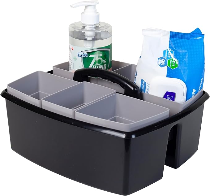 Storex 2-Compartment Large Cleaning Caddy – Multipurpose Supply Organizer with Handle, Black, 6-Pack (00973E06C)
