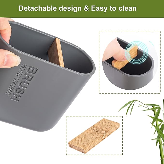 Toothbrush Holders Bamboo Electric Toothbrush Holder Bathroom Storage Organizer Countertop for Toothpaste, Floss, Razor, Grey