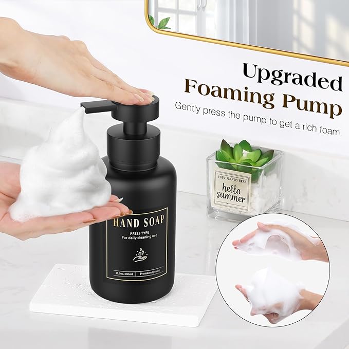 Luxspire Foaming Soap Dispenser, Glass Foam Pump Soap Dispenser, Non-Slip Hand Soap Bottle with 5 Waterproof Labels, 15 Oz Refillable Liquid Soap Bottle for Bathroom & Kitchen, Black, 2 Pack