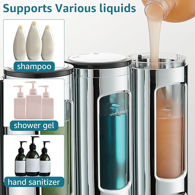 Shampoo and Conditioner Dispenser,Shower Shampoo Dispenser 3 Chamber No Drilled Shampoo Dispenser for Shower Wall Mounted Shower Dispenser Body Wash Dispenser for Bathroom Kitchen Hotel,Chrome