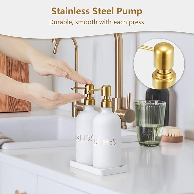 Glass Dish and Hand Soap Dispenser Set - Kitchen Soap Dispenser with Tray and Stainless Steel Pump - for Modern Gold Kitchen Decor and Accessories