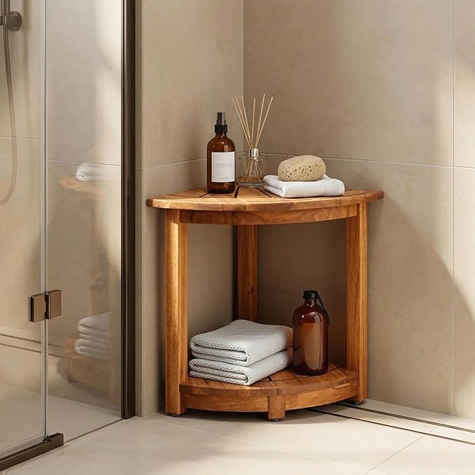 VICTORY RELAX Acacia Wood Corner Shower Shelf for Inside Shower – Waterproof Shower Bench & Foot Rest for Shaving Legs, Small Bathroom Spa Seat, Natural Color (17.9")