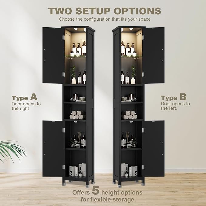 Hawkrown 67" Tall Bathroom Storage Cabinet with Lights, Slim Narrow Bathroom Cabinet Organizer with Doors and Adjustable Shelves, Tall Cabinet for Small Space (66.9" Tall-Black with Light)