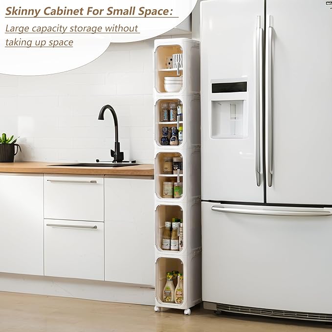 LXLXXL 4-Tier Narrow Storage Cabinet Slim Bathroom Storage Cabinet with Movable Wheels Tall Bathroom Organizer Skinny Cabinet for Small Spaces，Beige