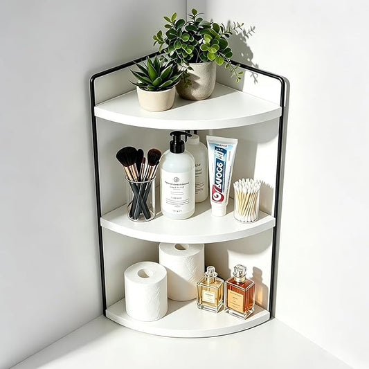 3-Tier Corner Bathroom Countertop Organizer, Solid Pine Wood Vanity Corner Shelf for Skincare & Makeup, Waterproof Standing Rack for Bathroom, Vanity, Kitchen & Dresser, Large 15.7"H, White