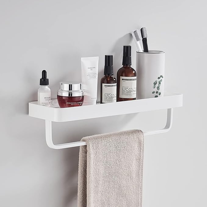 Bathroom Tempered Clear Glass Shelf with Towel Bar Wall Mounted 15.7 Inch Shower Organizer Modern Metal Kitchen Spice Decor Rack Over Toilet Storage Holder Rectangular Vanity White