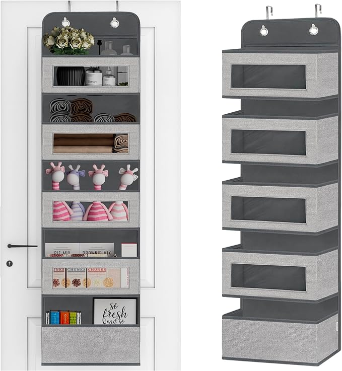 Over The Door Hanging Organizer Storage with 5 Large Pockets,Wall Mount Clear Windows and 2 Widened Metal Hooks for Pantry,Nursery,Diapers,Bathroom,Kitchen,Closet,Dorm